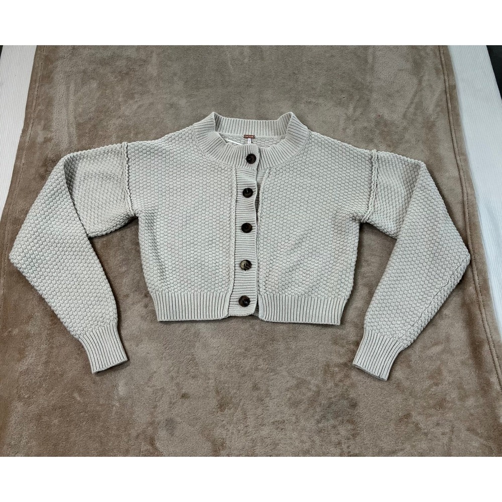 Free People Cardigan Sweater Womens S Beige Popcorn Knit Button Front OBI458943